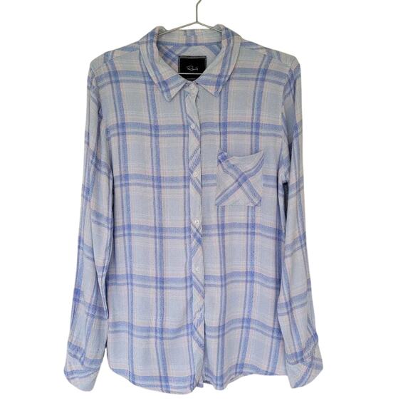 Rails Plaid Button Down Shirt White Blue Pink Women Size M Long Sleeve Rayon - Picture 1 of 12